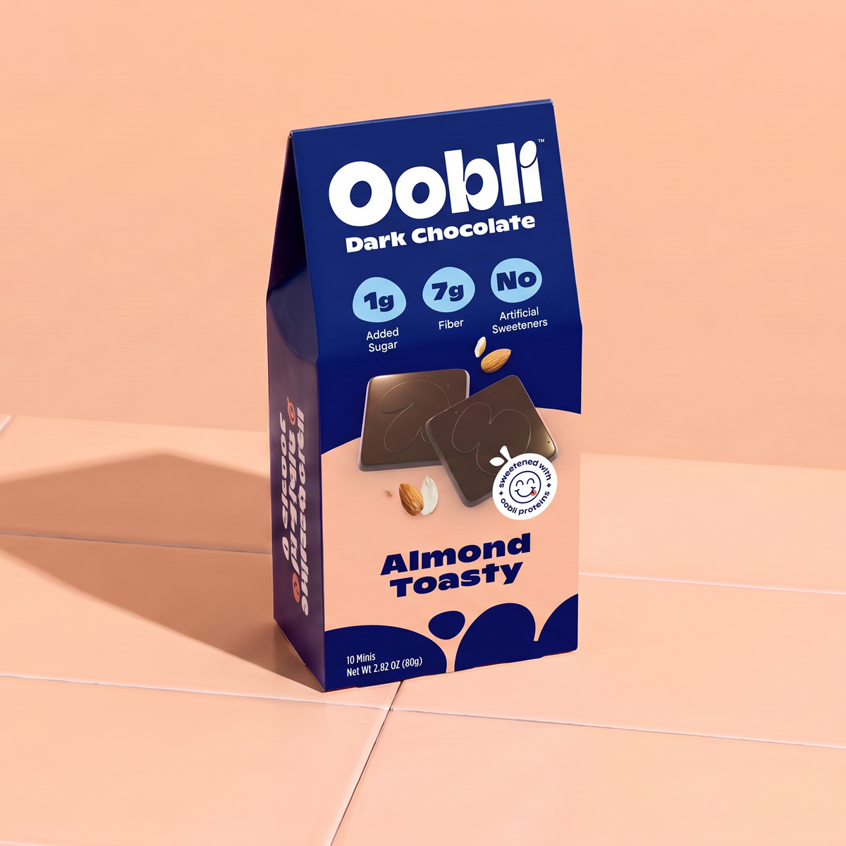 The world's first ever protein-sweetened chocolate made with Oobli plant-based sweet proteins.
80% less sugar than similar dark chocolate brands.
Only 1g of total sugar per serving.
8g of fiber/serv. and low in net carbs.
Made with the cleanest ingredients.
Delicious creamy dark chocolate with toasted almonds.