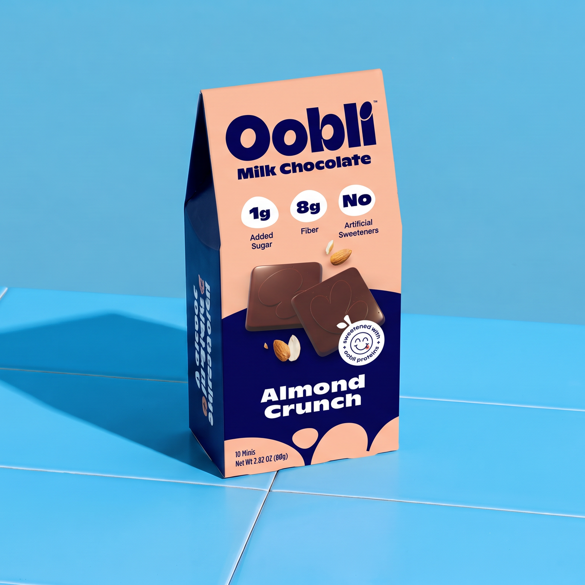 The world's first ever protein-sweetened chocolate made with Oobli plant-based sweet proteins.
70% less sugar than similar milk chocolate brands.
Only 1g of added sugar per serving.
Low in net carbs.
Made with the cleanest ingredients.
Delicious, creamy milk chocolate and almonds sweetened with groundbreaking Oobli sweet proteins