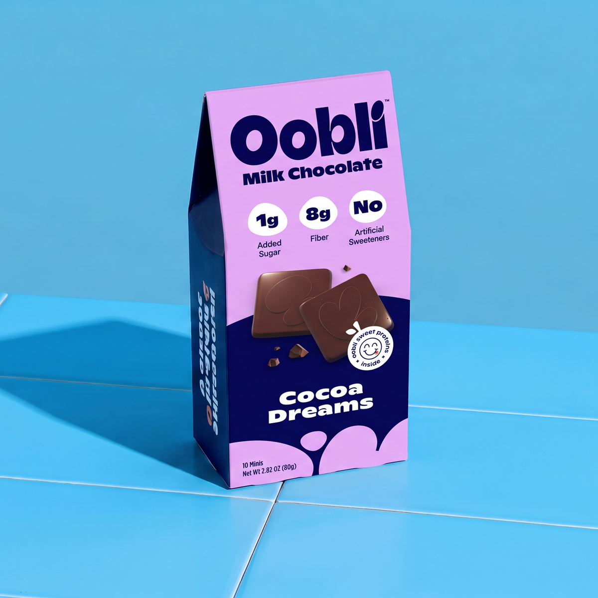 The world's first ever protein-sweetened chocolate made with Oobli plant-based sweet proteins.
70% less sugar than similar milk chocolate brands.
Only 1g of added sugar per serving.
8g of fiber/serv. and low in net carbs.
Made with the cleanest ingredients.
Delicious creamy milk chocolate.
